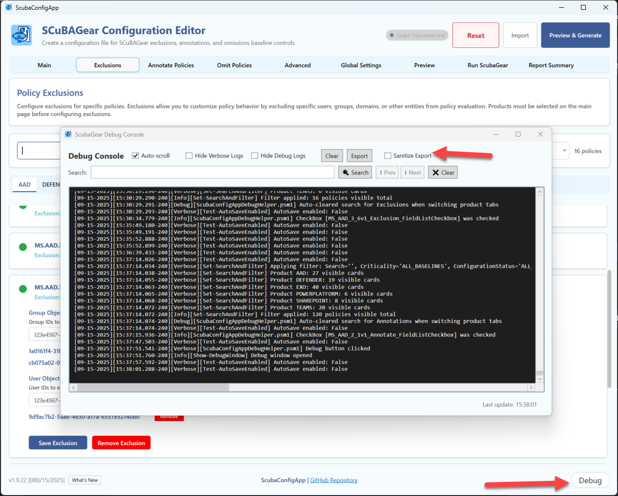ScubaGear Debug Window