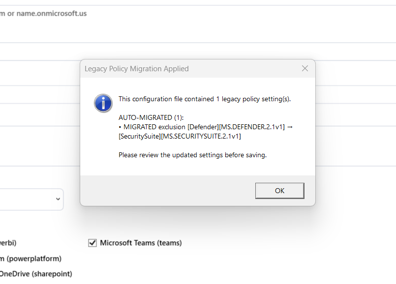 Legacy Policy Migration dialog