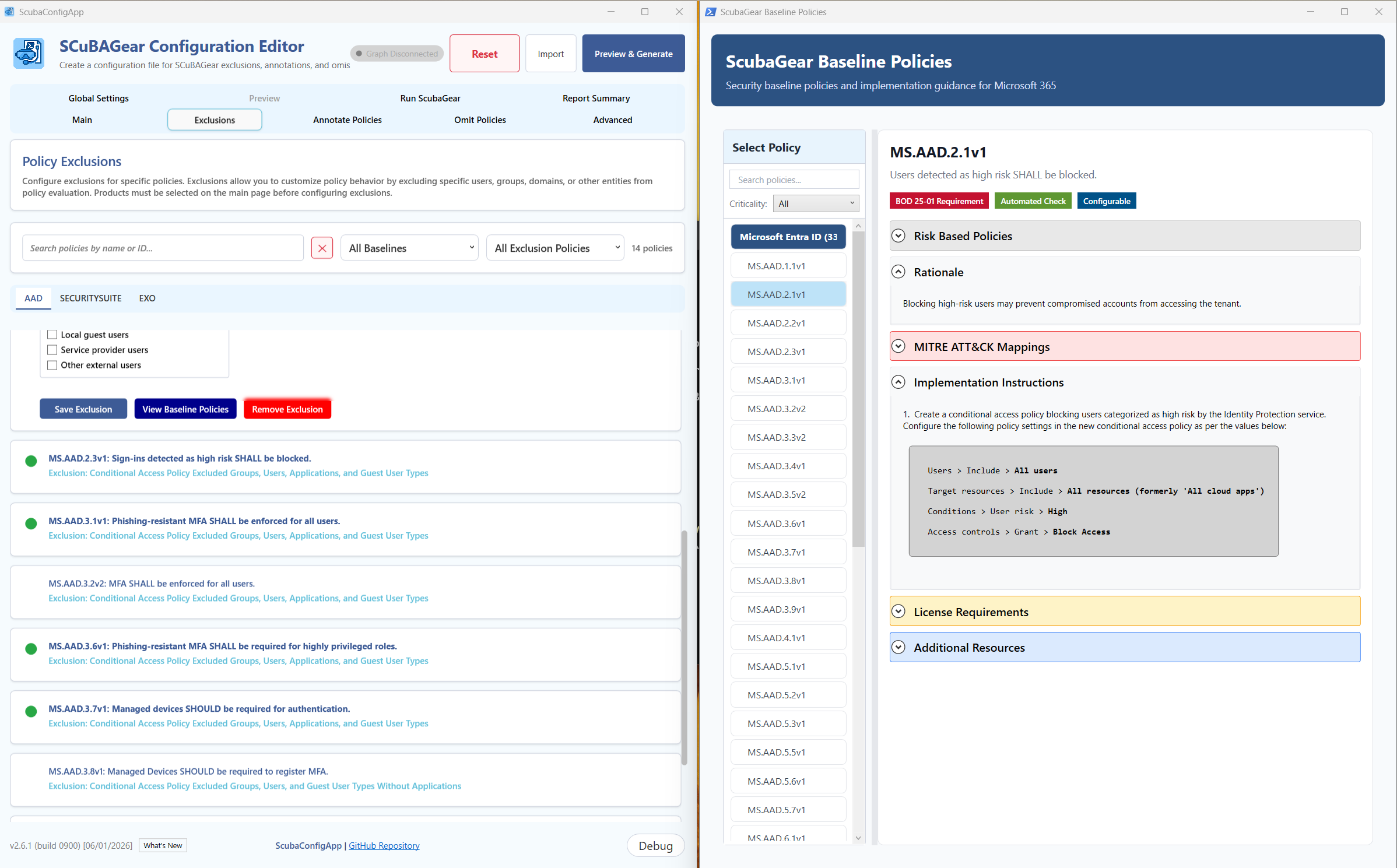 ScubaGear Baseline Policy Viewer panel